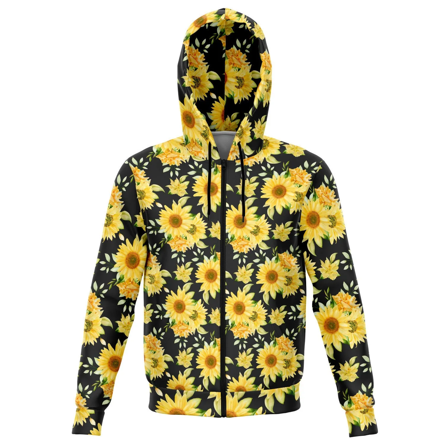 Sunflower Zip Up Hoodie, Yellow Black Flowers Floral Front Zip Pocket Men Women Adult Aesthetic Graphic Cotton Hooded Sweatshirt