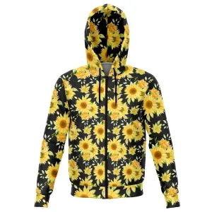 Sunflower Zip Up Hoodie, Yellow Black Flowers Floral Front Zip Pocket Men Women Adult Aesthetic Graphic Cotton Hooded Sweatshirt