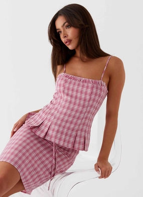 Snag Resistant Fabric Soft Brushed Lining Mamita Ruched Top - Pink Check