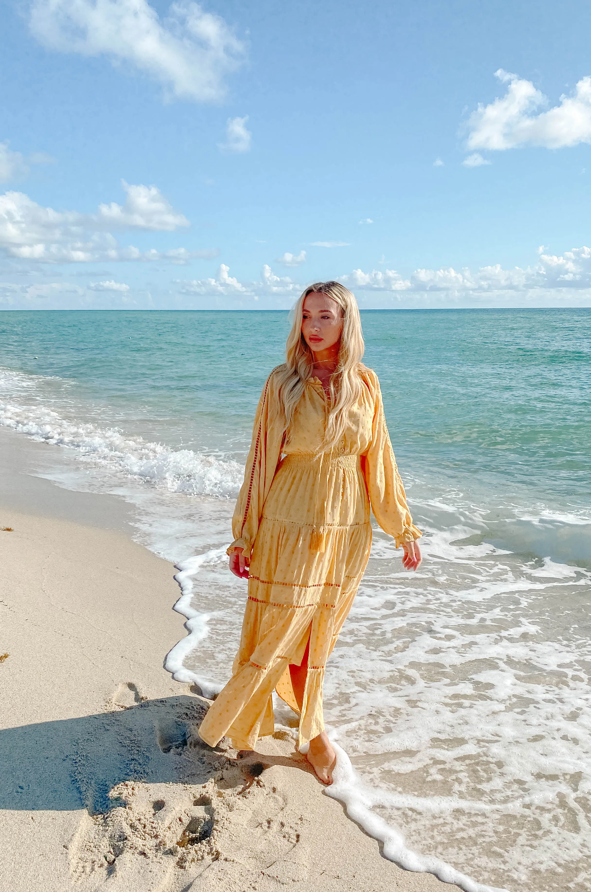 Sunset Dates Yellow Boho Swiss Dot Maxi Dress