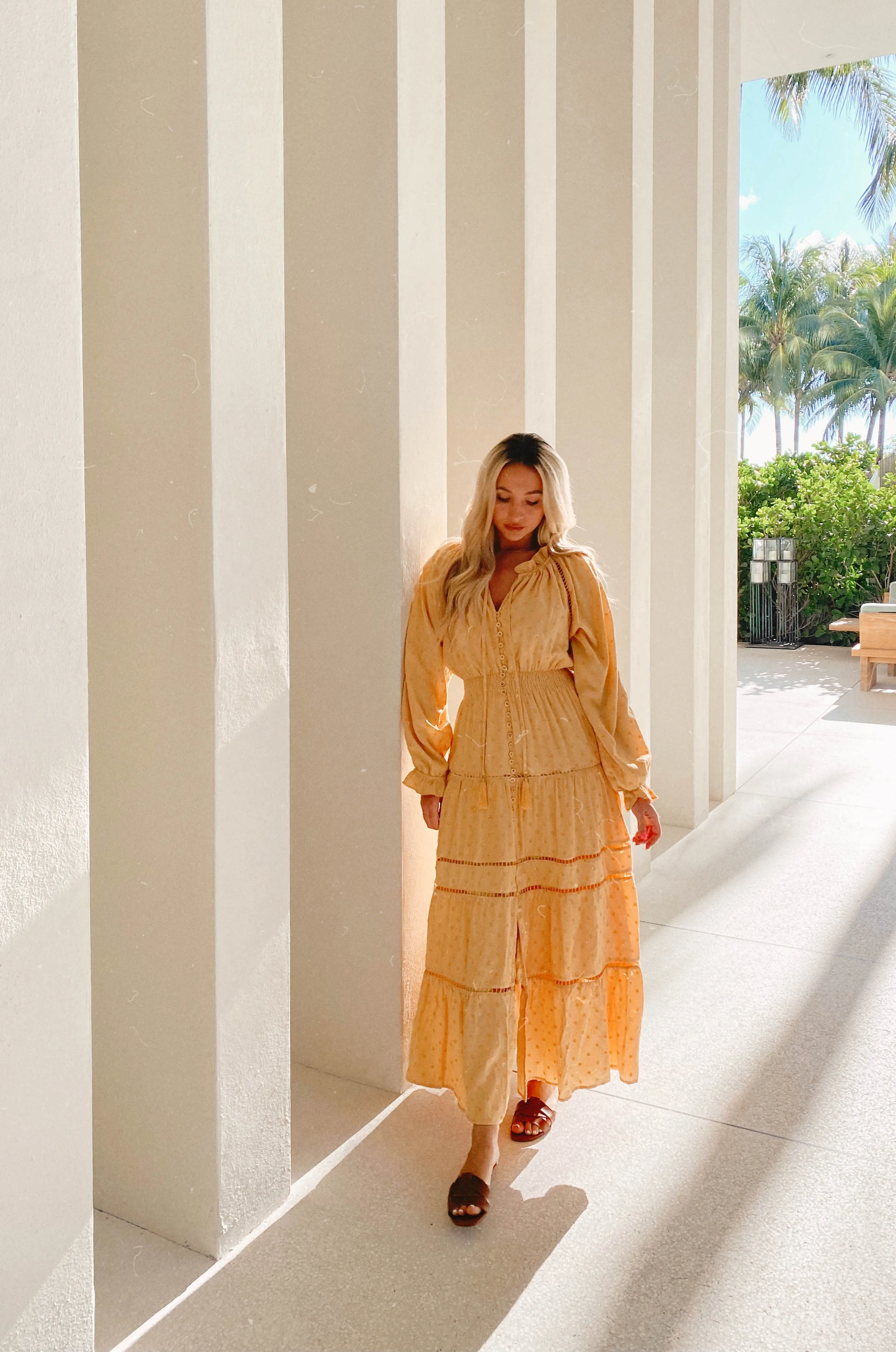 Sunset Dates Yellow Boho Swiss Dot Maxi Dress
