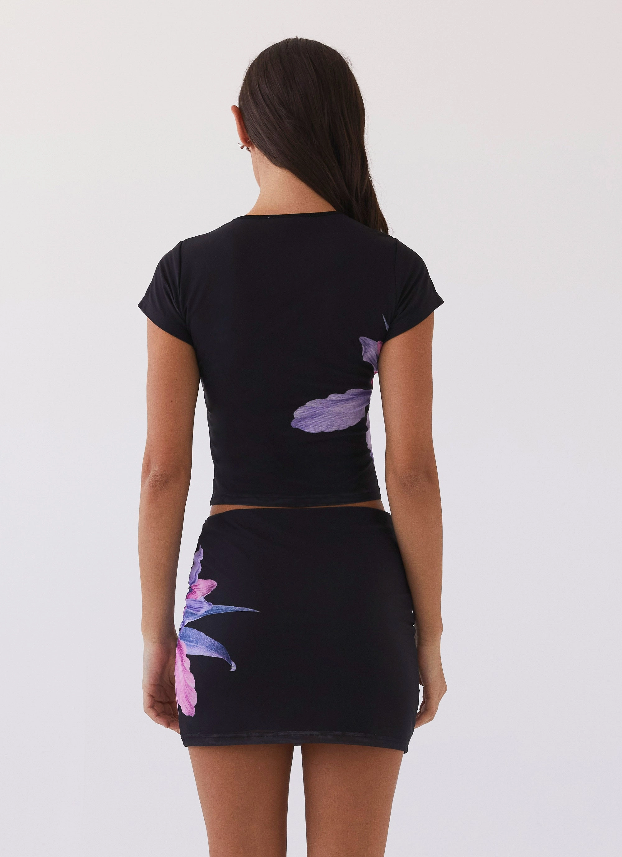 Twill Weave Texture Sunset Bliss Mesh Mini Skirt - Cosmo Floral