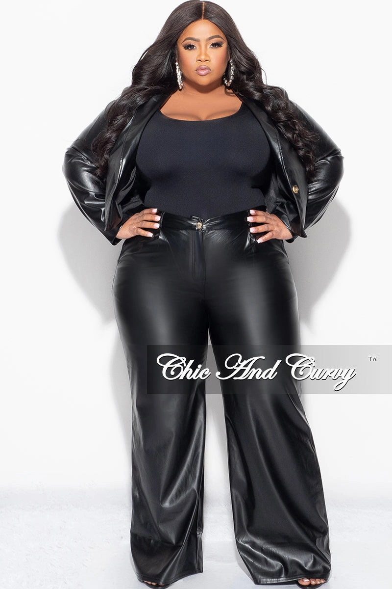 Hygienic Coating Breathable Lining Final Sale Plus Size 2pc Faux Leather Pants Suit in Black