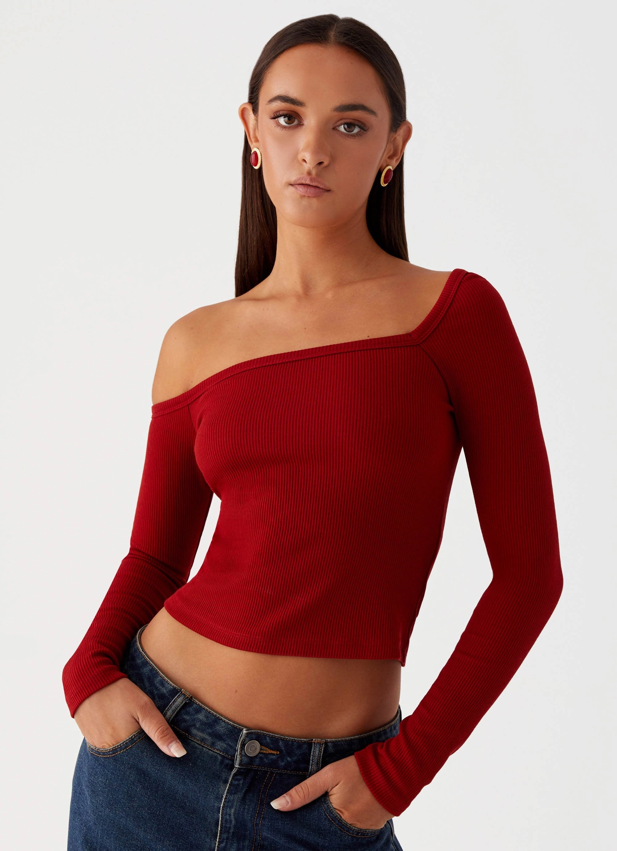 Talia Asymmetric Long Sleeve Top - Red VentilatedMesh Contoured Armhole Design