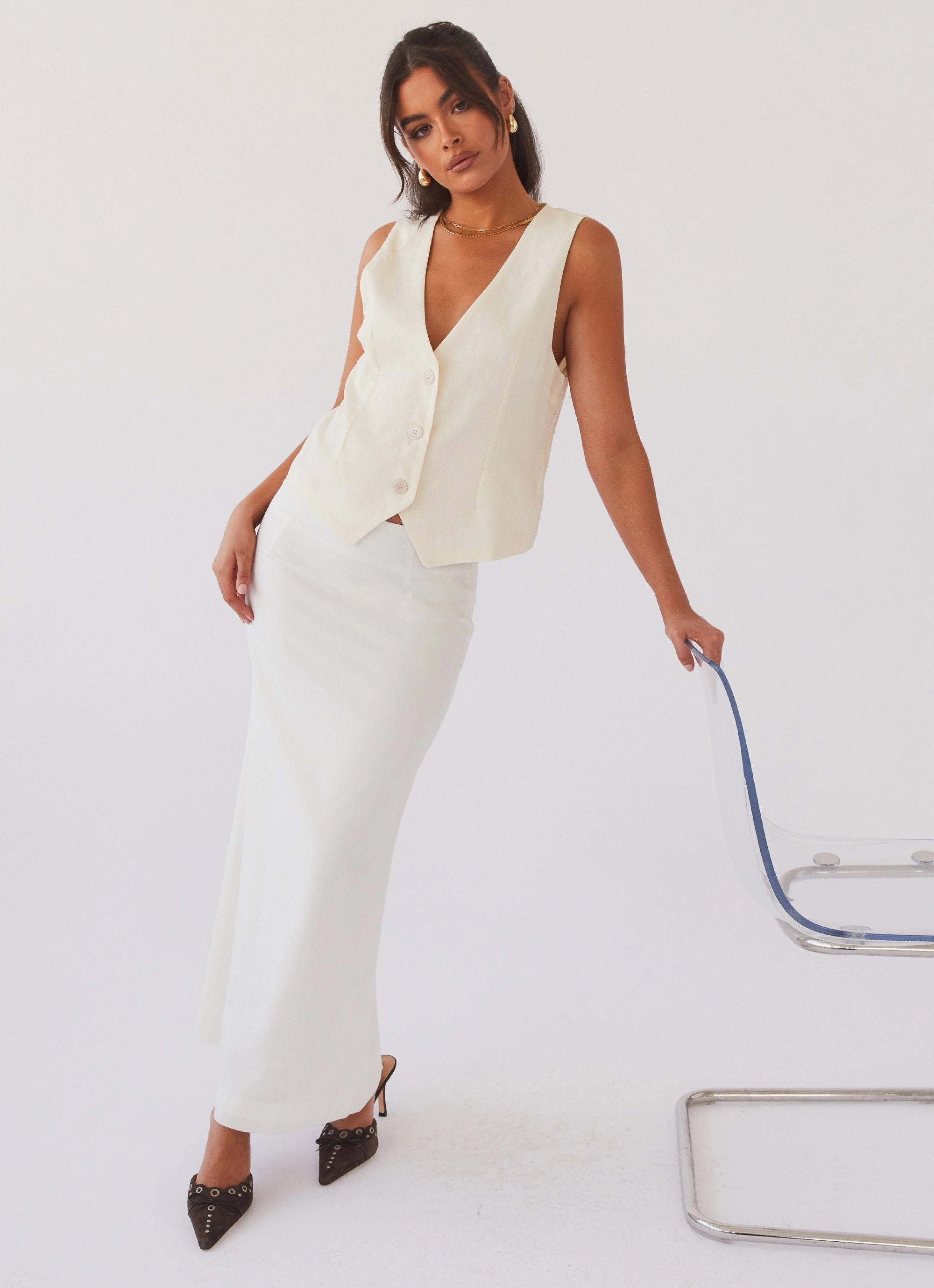 AntiPilling Born For Bordeaux Linen Midi Skirt - White