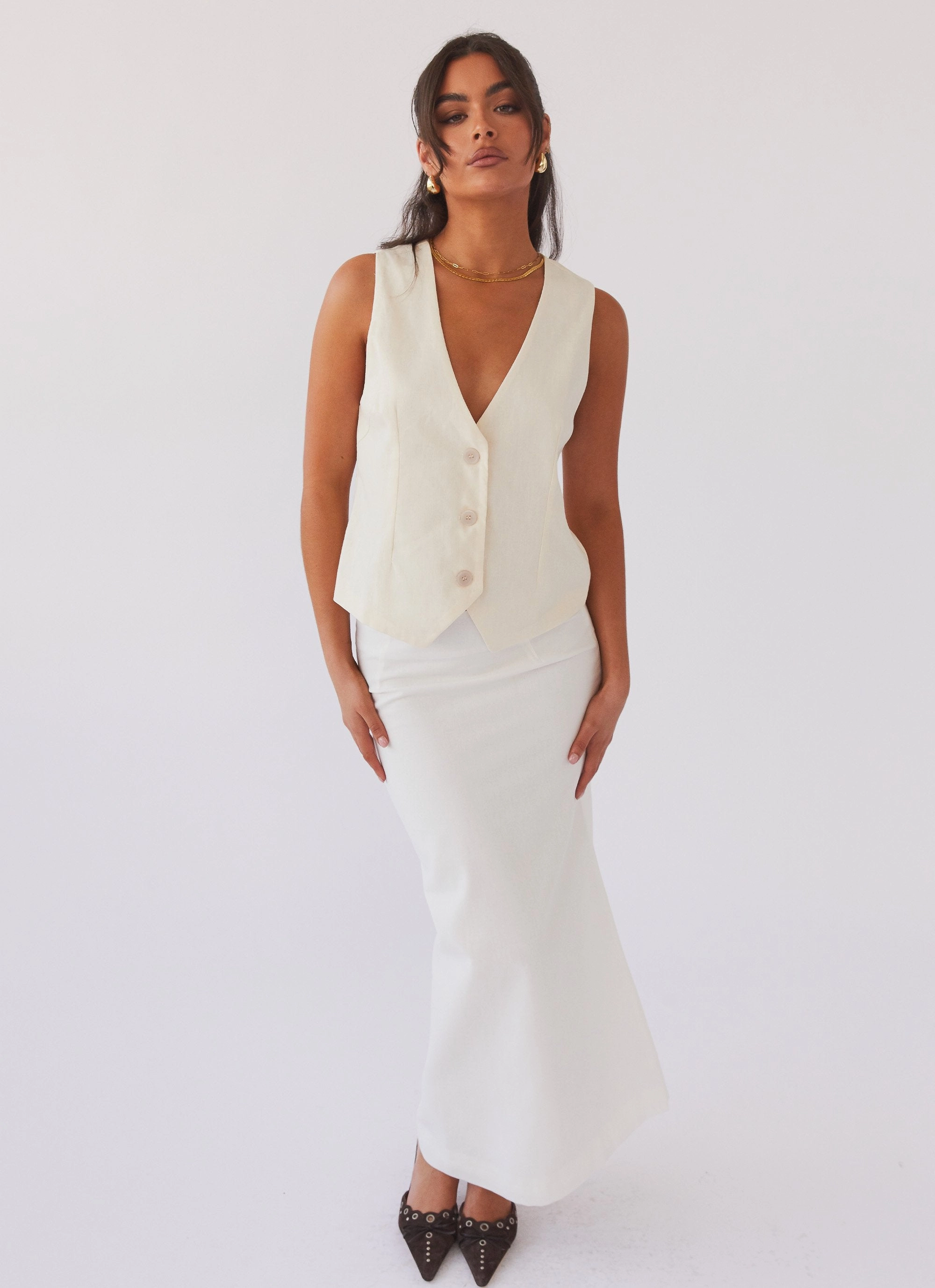 Born For Bordeaux Linen Midi Skirt - White MultiPocket