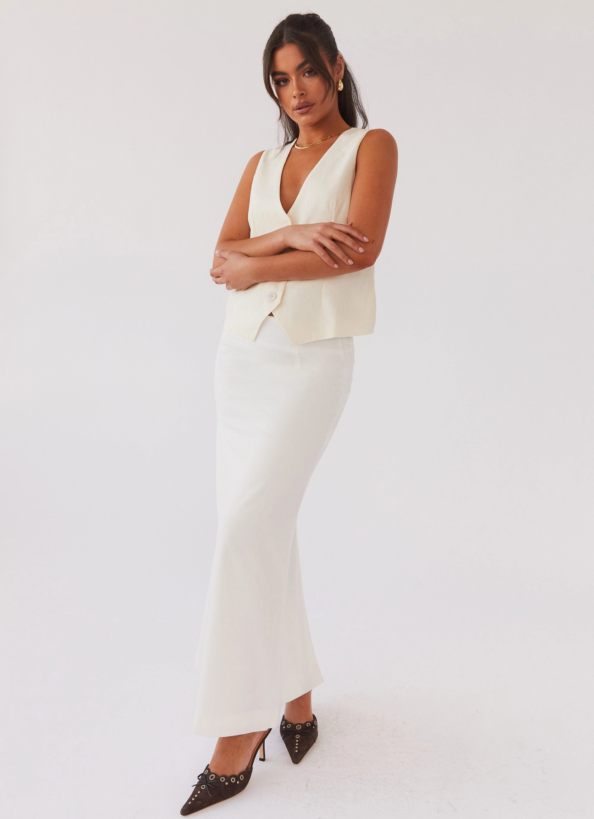 Cozy Design Born For Bordeaux Linen Midi Skirt - White