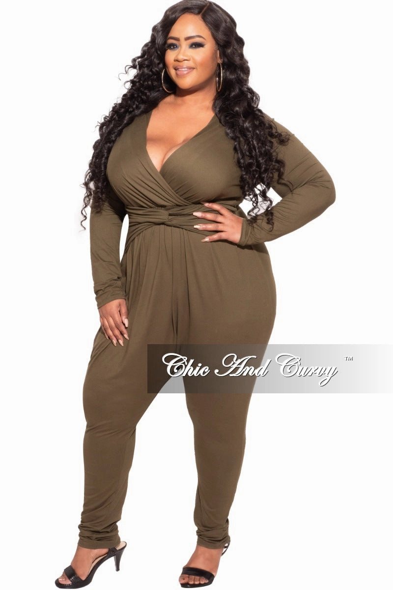 Final Sale Plus Size Harem Twist Front Jumpsuit in Olive Easy Stretch Fit Ready For Action