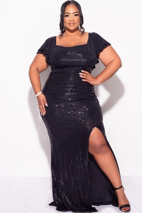 Final Sale Plus Size Confetti Dot Knit Sequin Flutter Sleeve Gown with Side Slit in Black SoftFeel Fabric