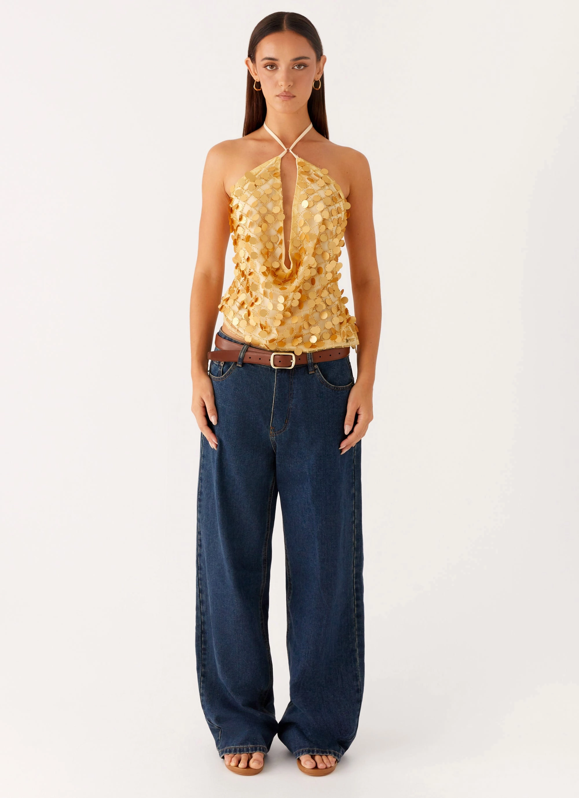 High Neckline Structure Xander Sequin Halter Top - Gold