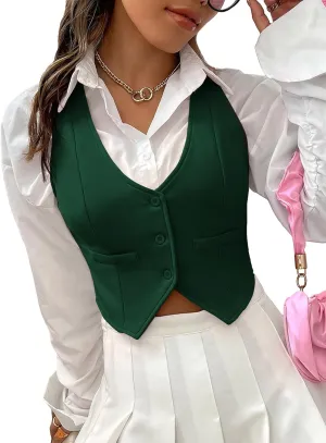SweatyRocks Women's Solid Button Front Crop Waistcoat V Neck Sleeveless Blazers