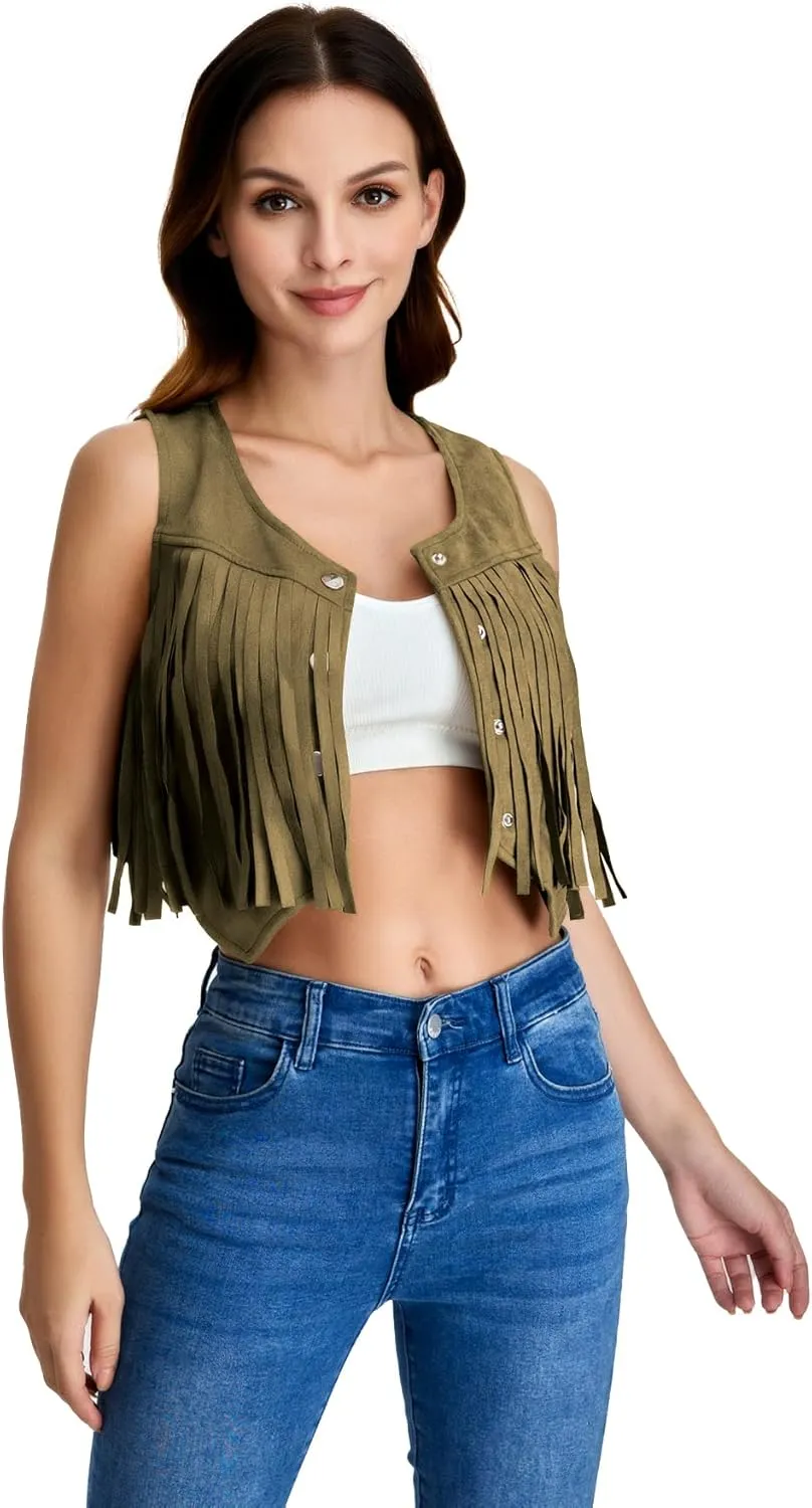 SweatyRocks Women's Suede Fringe Trim Sleeveless Crop Vest Jacket Button Front Coat