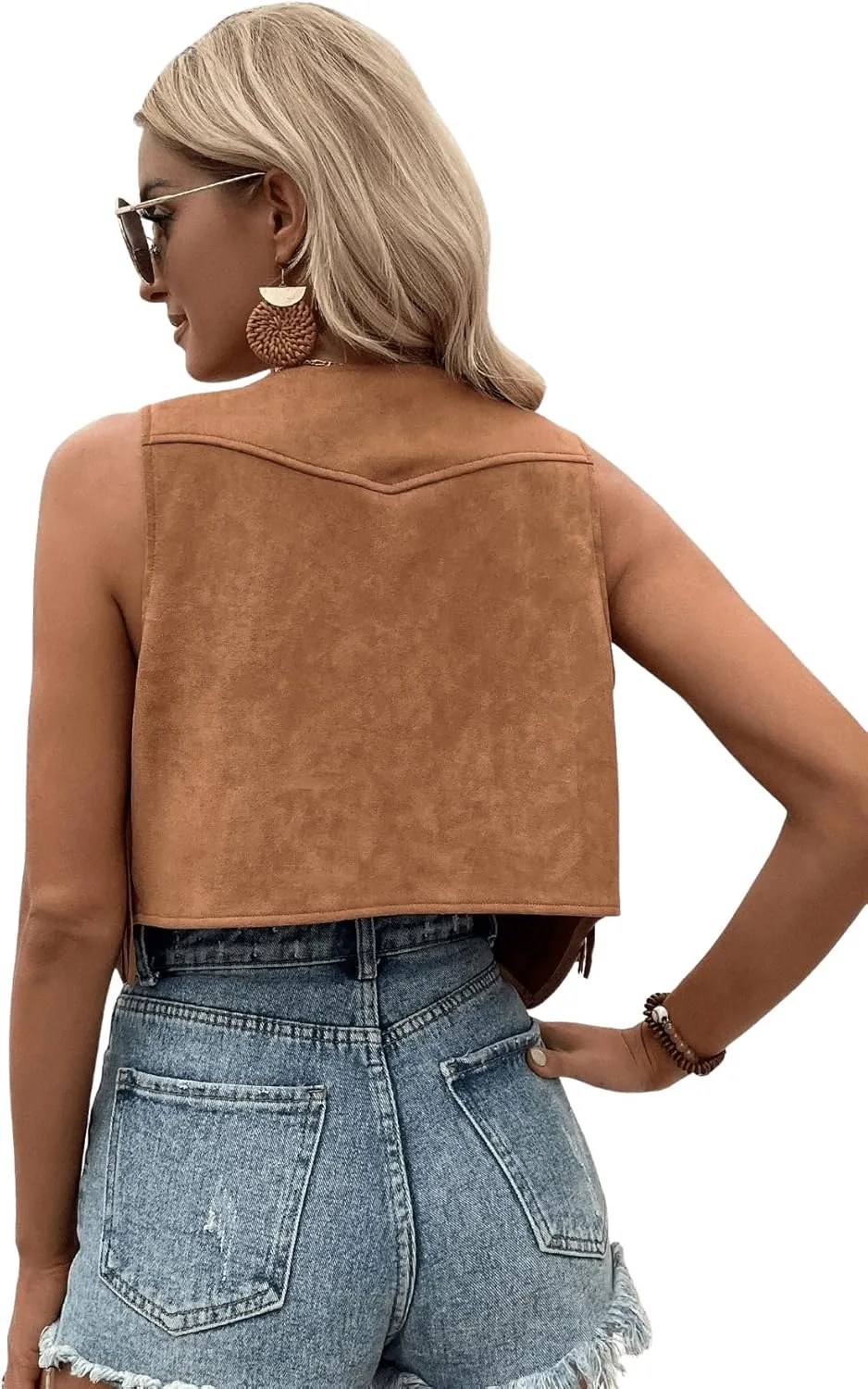 SweatyRocks Women's Suede Fringe Trim Sleeveless Crop Vest Jacket Button Front Coat