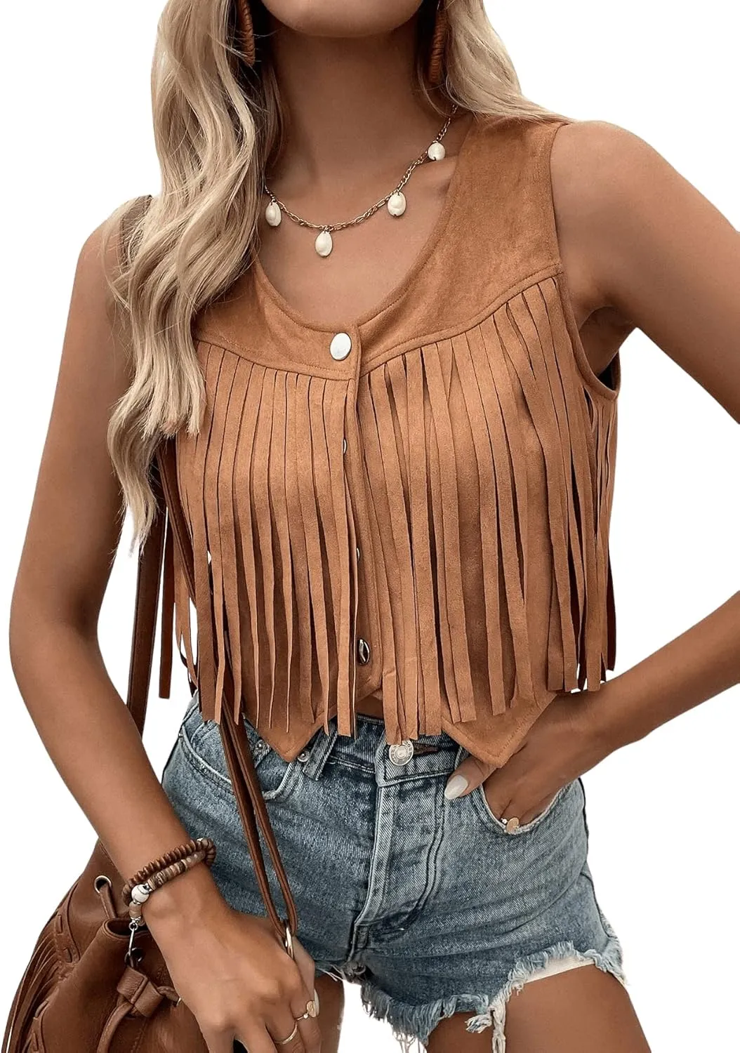 SweatyRocks Women's Suede Fringe Trim Sleeveless Crop Vest Jacket Button Front Coat