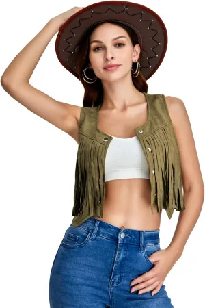 SweatyRocks Women's Suede Fringe Trim Sleeveless Crop Vest Jacket Button Front Coat