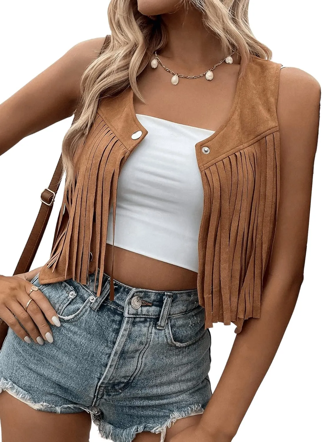 SweatyRocks Women's Suede Fringe Trim Sleeveless Crop Vest Jacket Button Front Coat