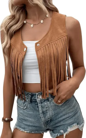 SweatyRocks Women's Suede Fringe Trim Sleeveless Crop Vest Jacket Button Front Coat