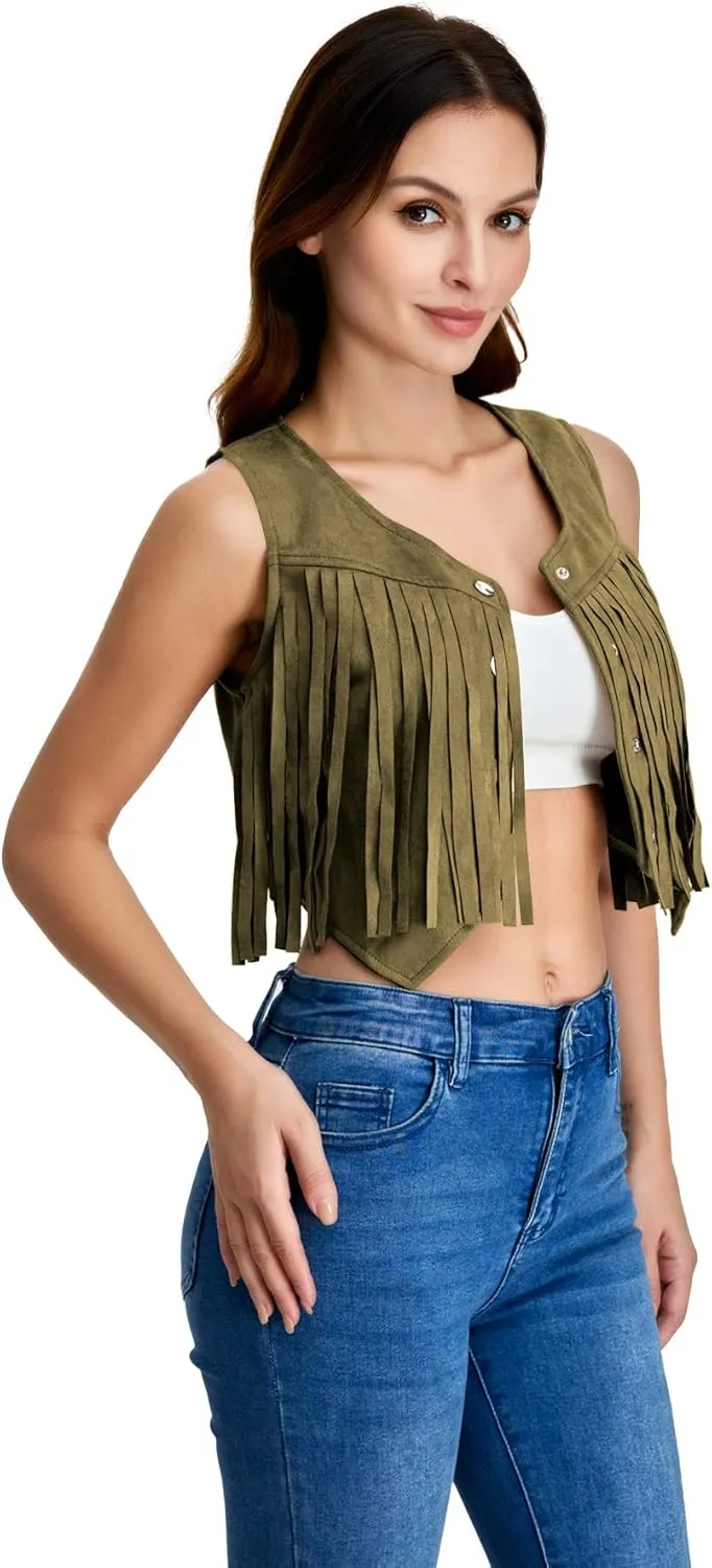 SweatyRocks Women's Suede Fringe Trim Sleeveless Crop Vest Jacket Button Front Coat