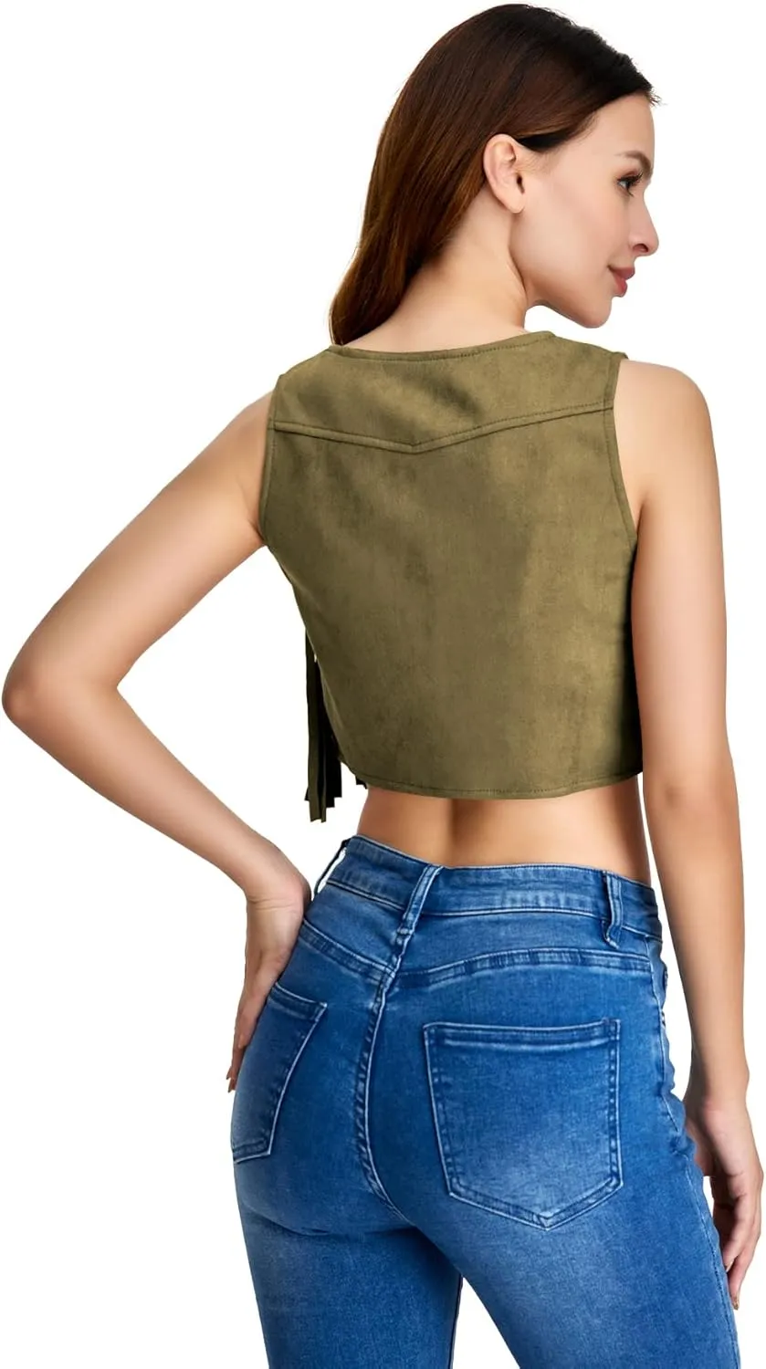 SweatyRocks Women's Suede Fringe Trim Sleeveless Crop Vest Jacket Button Front Coat