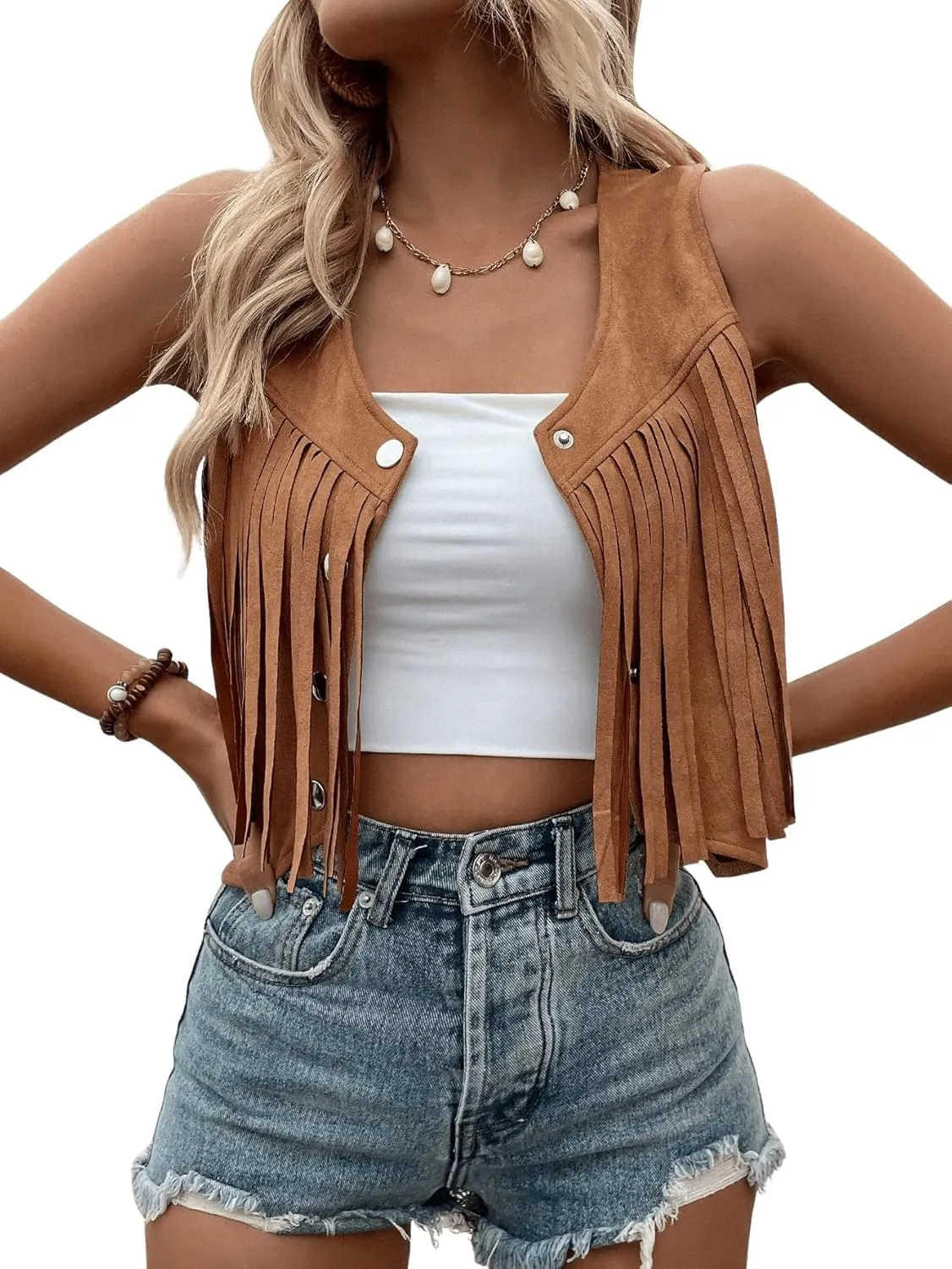 SweatyRocks Women's Suede Fringe Trim Sleeveless Crop Vest Jacket Button Front Coat