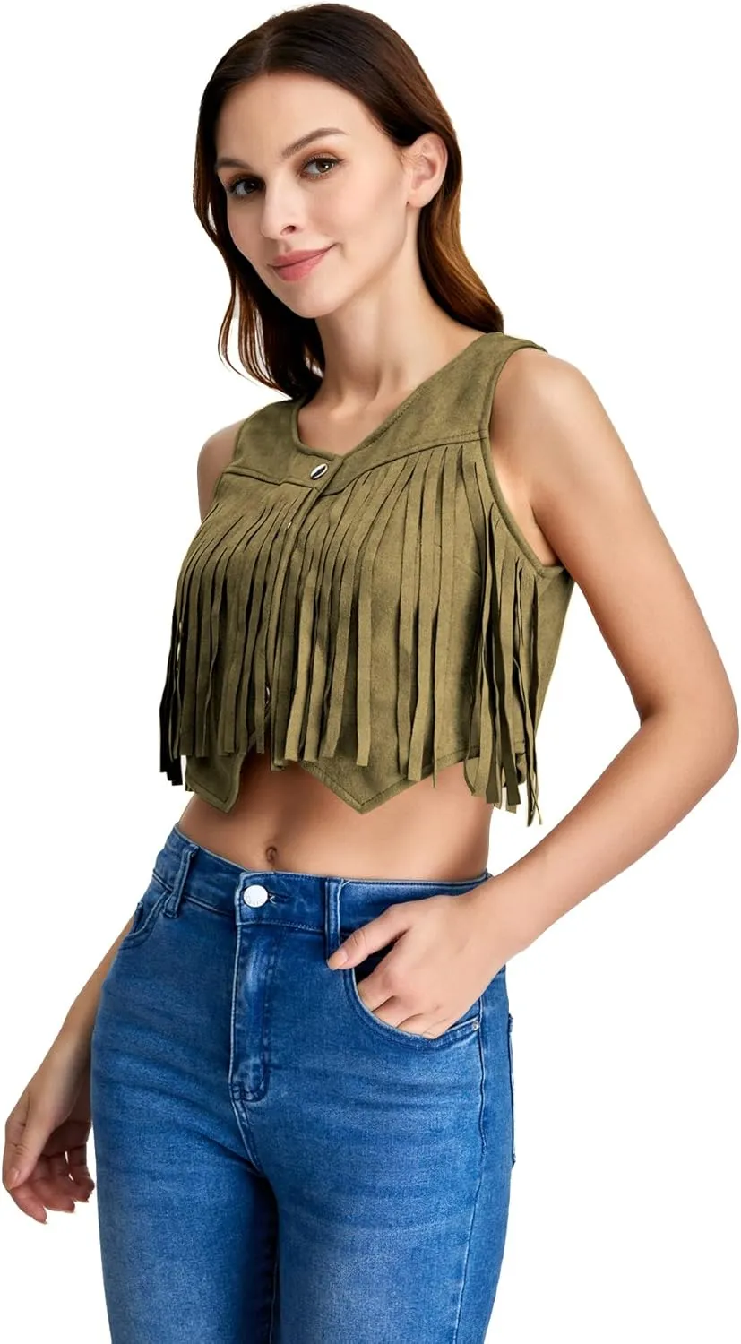 SweatyRocks Women's Suede Fringe Trim Sleeveless Crop Vest Jacket Button Front Coat