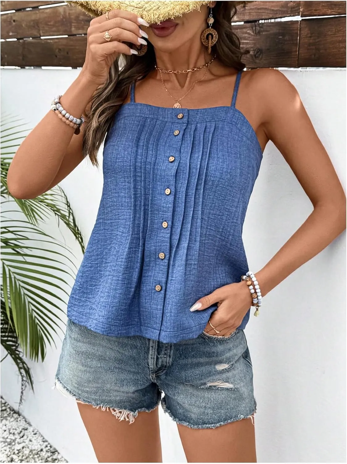 SweatyRocks Women's Summer Button Front Pleated Spaghetti Strap Camisole Tops