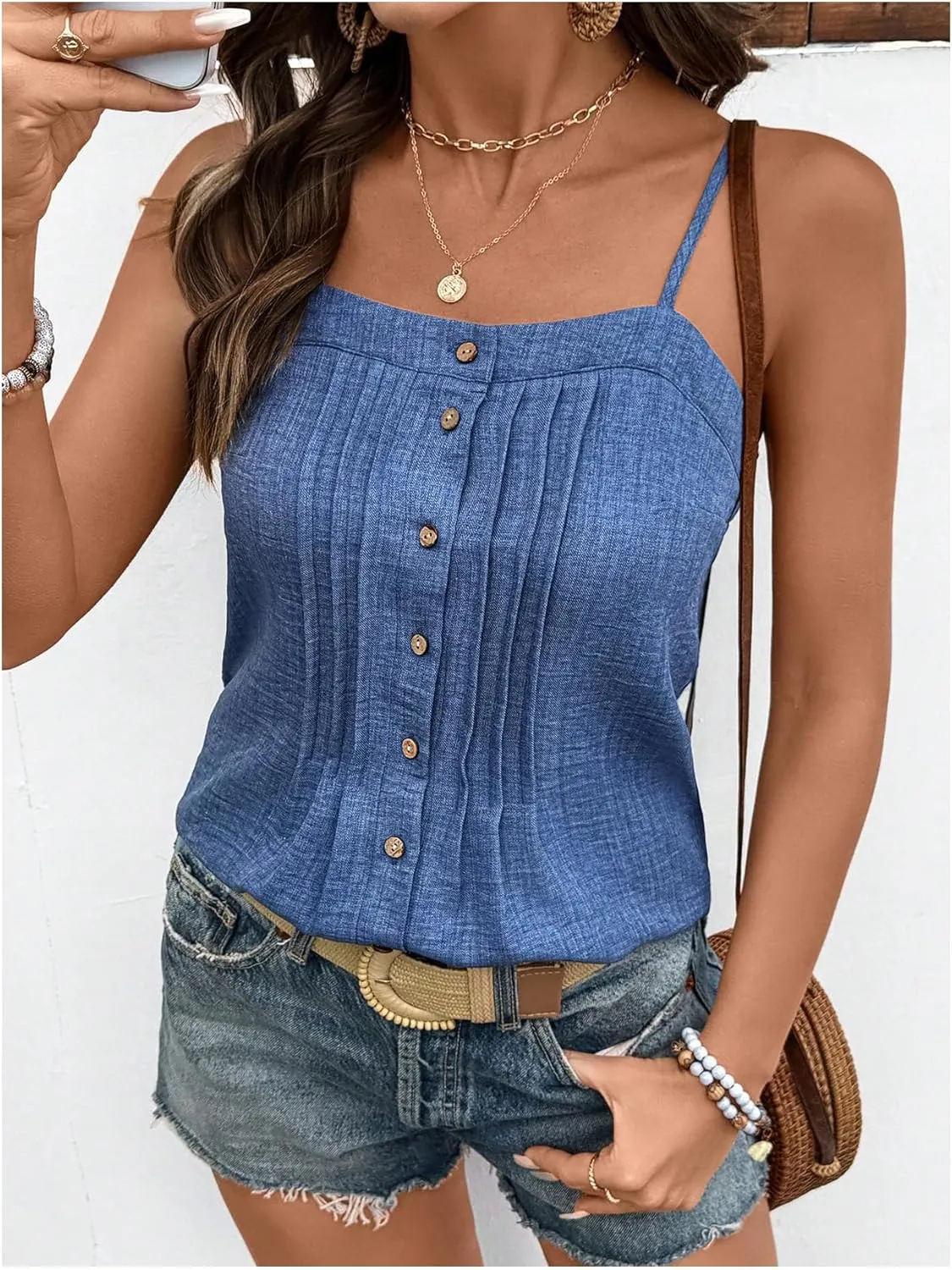 SweatyRocks Women's Summer Button Front Pleated Spaghetti Strap Camisole Tops
