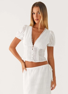 Sweet Lullaby Button Up Shirt - White Curved Hemline Classic Crewneck Design