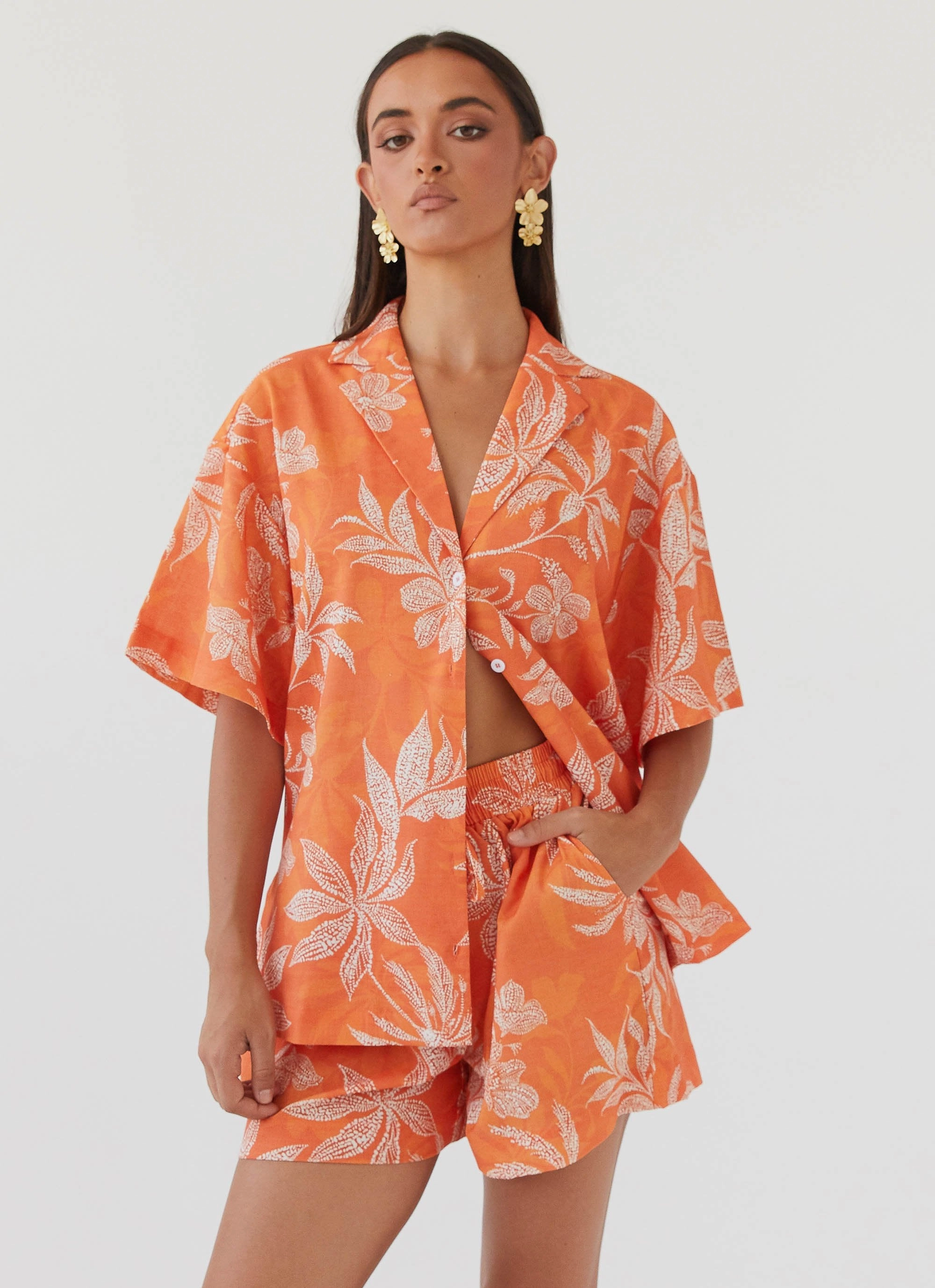 Sweet Relief Oversized Linen Shirt - Tropic Sunset Weather Proof Multi Pocket Functionality