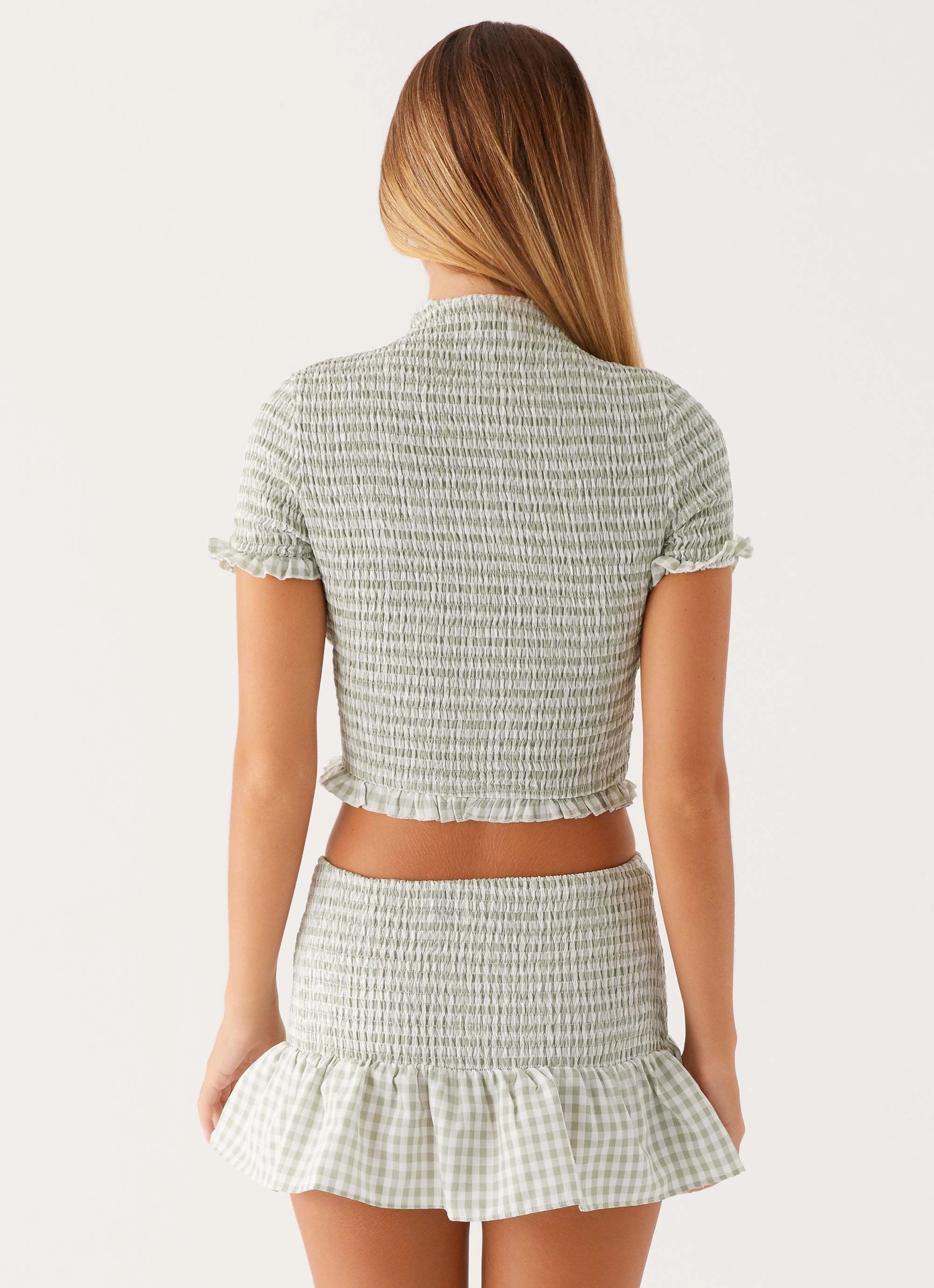Sweetest Pie Mini Skirt - Sage Gingham Flexible Knees