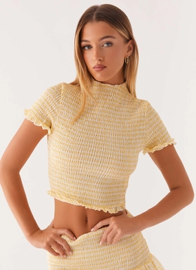 Contrast Stitching Lightweight Blouse Sweetest Pie T-Shirt - Yellow Gingham