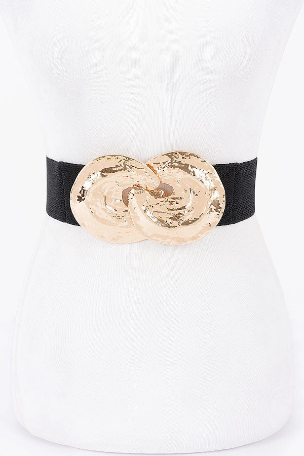 Commuter Ready Stylish Cut Final Sale Plus Size Metal Buckle Stretch Hammered Plate Belt in Gold and Black
