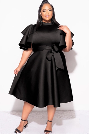 Breathable fabric Final Plus Size Dress with Ruffle Sleeve and Tie in Black Scuba