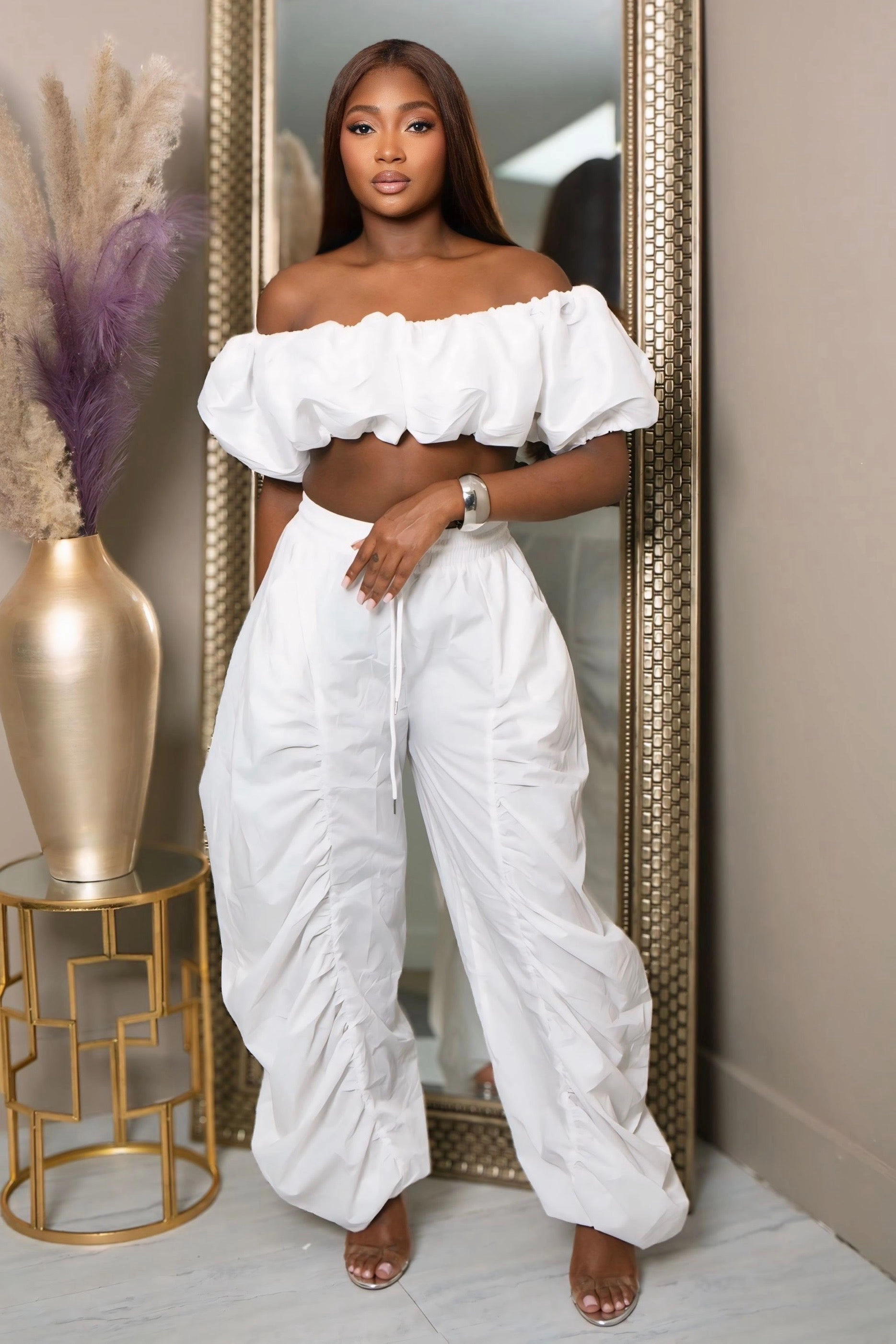Lacy Ruched Perfection Pants ?C White Elastic Free Cuffs Seamless Comfort