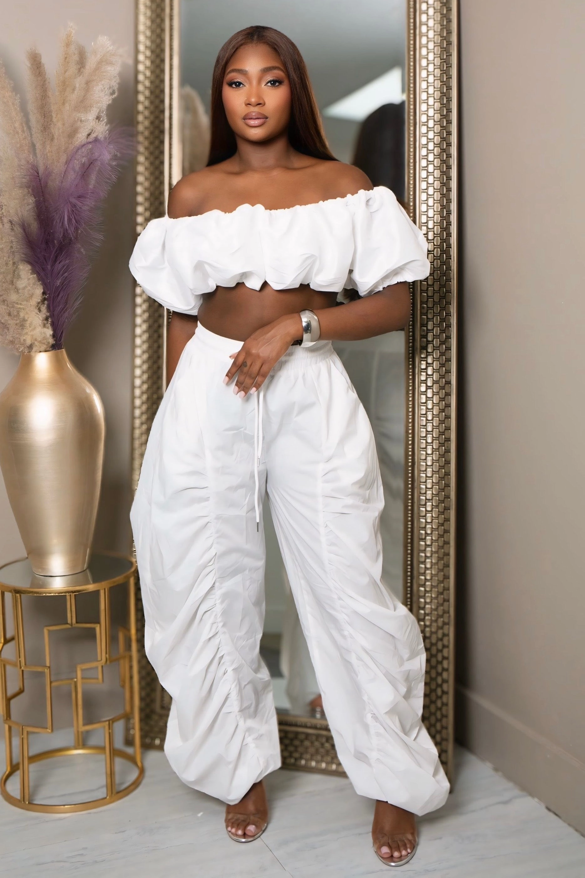 Lacy Ruched Perfection Pants ?C White Casual Comfort Look