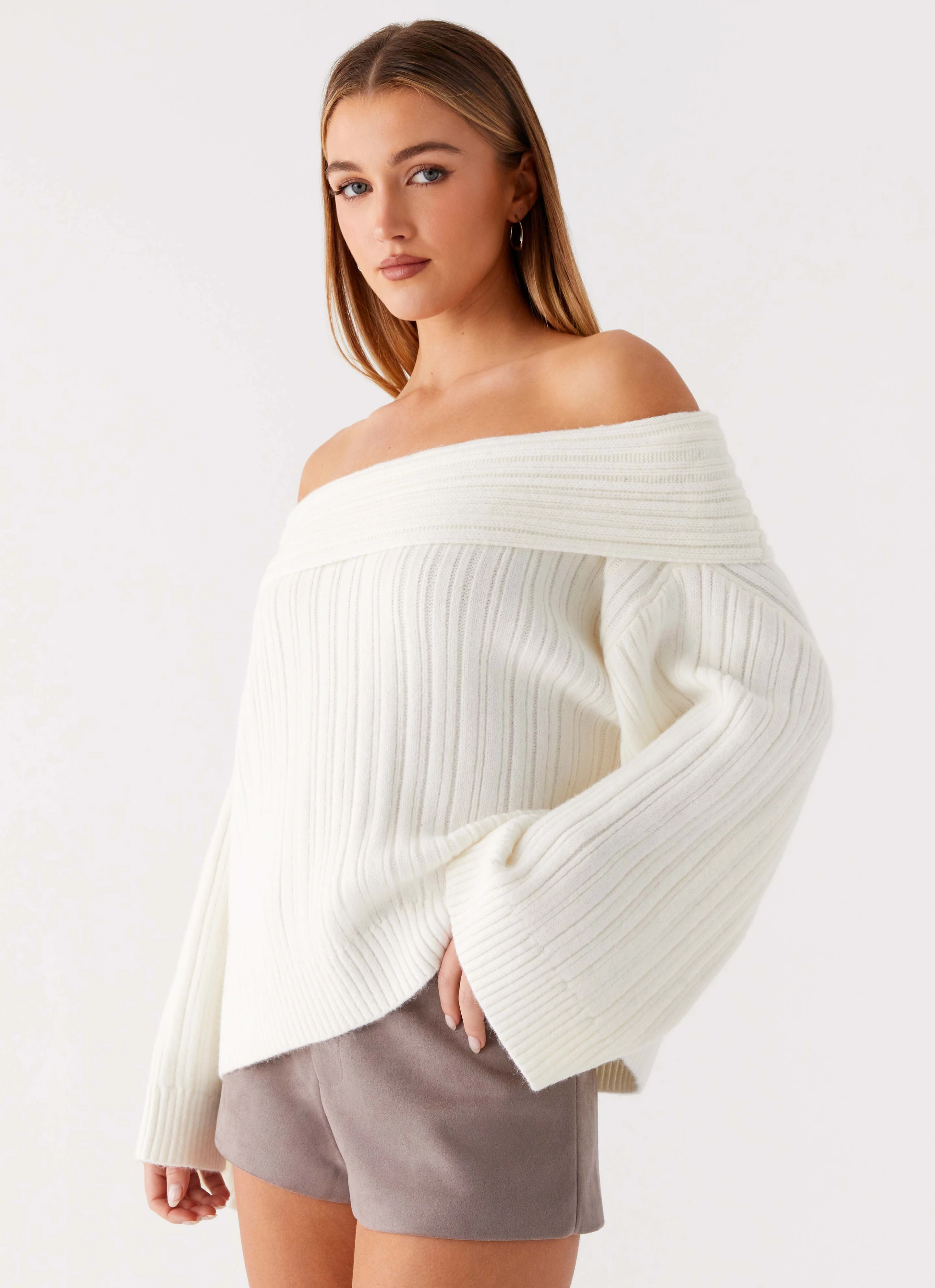 Soft Brushed Finish Breathable Microfiber Federica Off Shoulder Knit - White