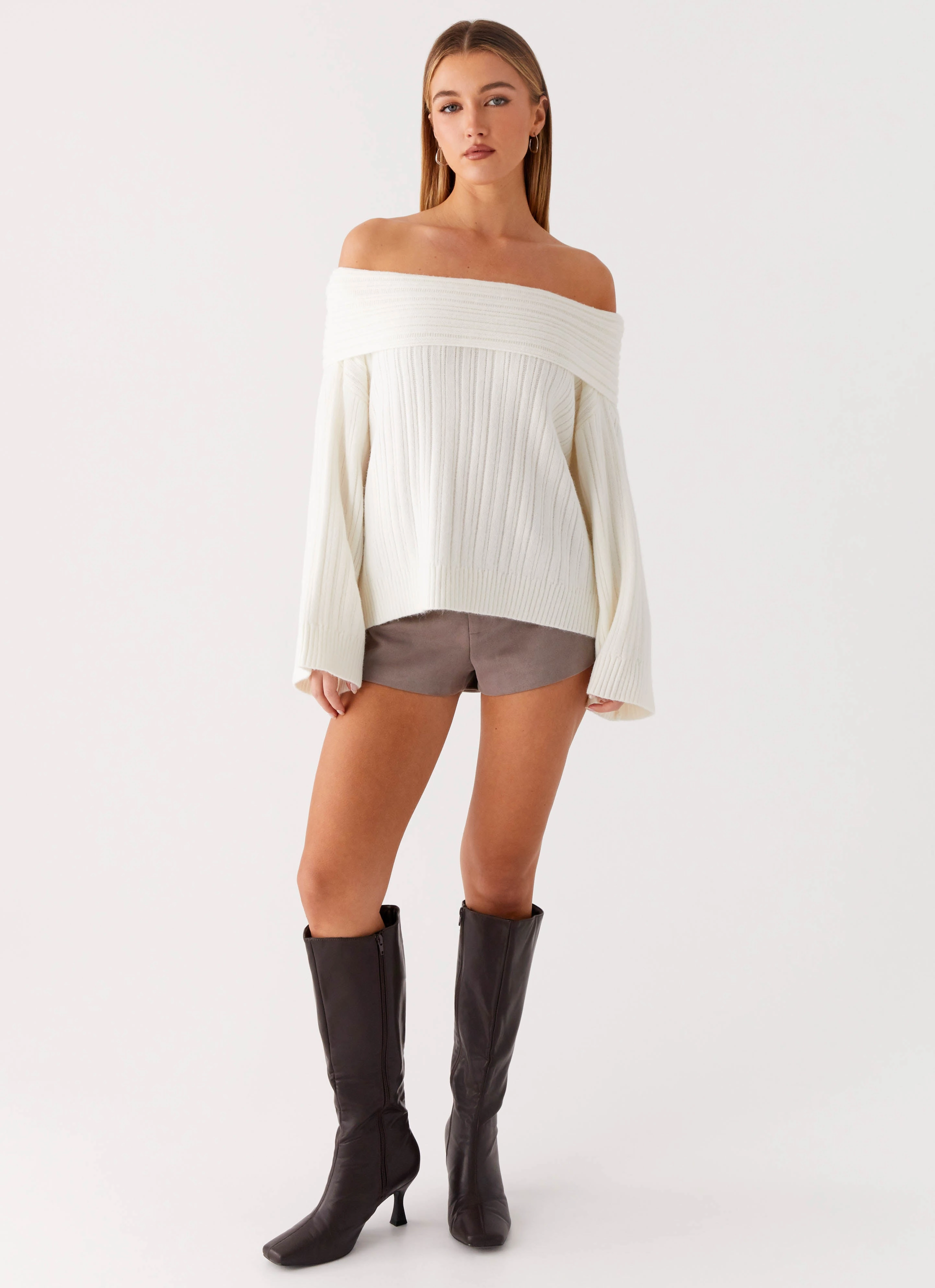 BondedShoulder Federica Off Shoulder Knit - White