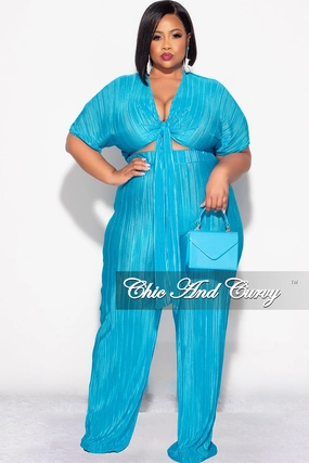 Final Sale Plus Size 2pc Pleated Top and Pants Set in Turquoise Ultra Soft Minimalist Fit