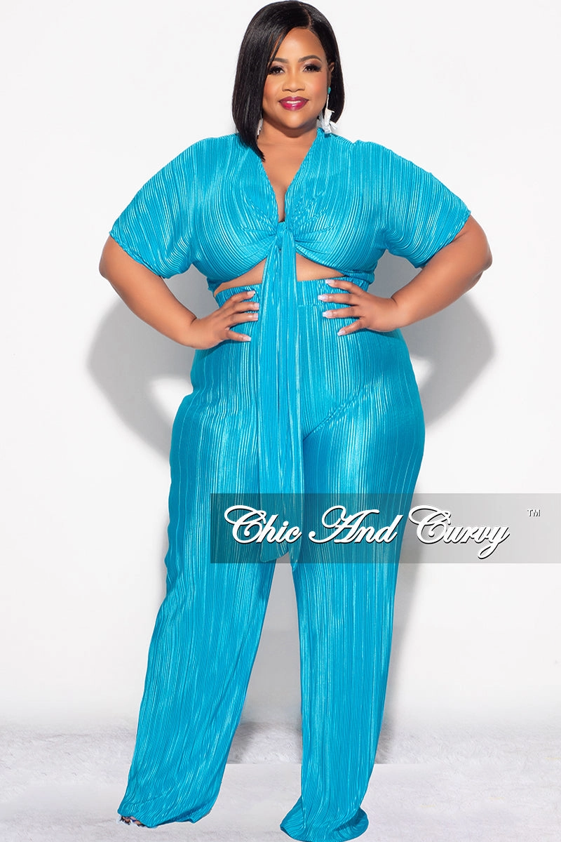 Final Sale Plus Size 2pc Pleated Top and Pants Set in Turquoise Core Stretch Loose Design