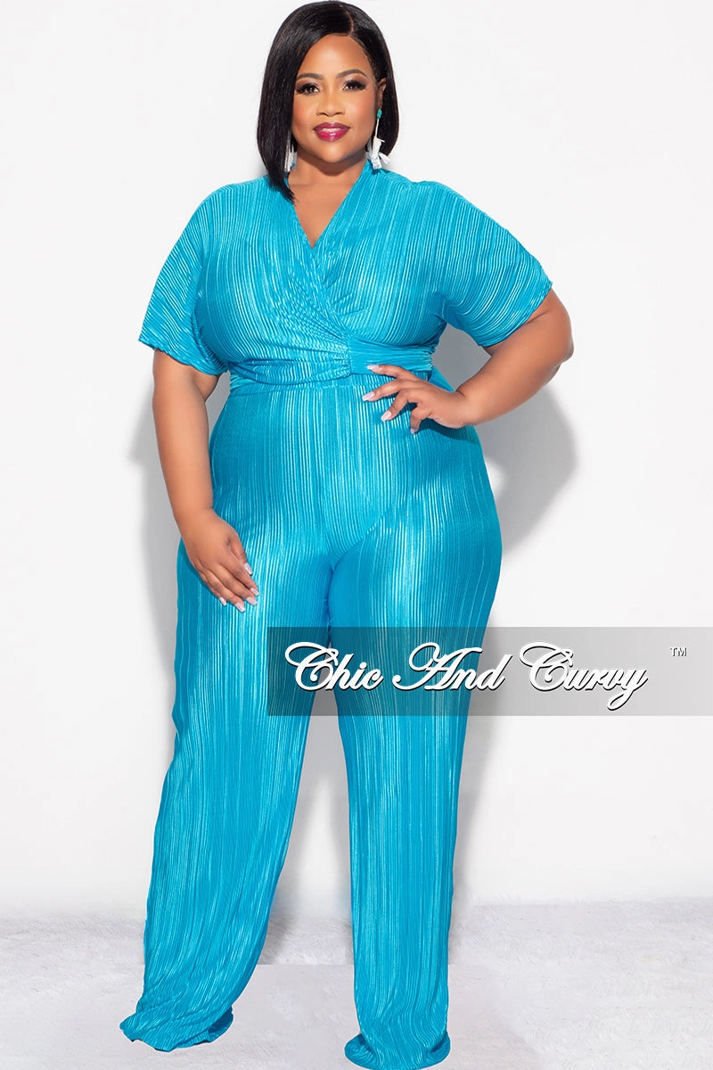 No Gap Waistband AntiSlipGrip Final Sale Plus Size 2pc Pleated Top and Pants Set in Turquoise
