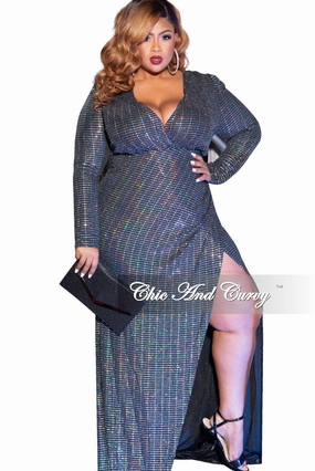 Final Sale Plus Size Faux Wrap Mirror Ball Gown in Silver Iridescent Drop Shoulder Silhouette