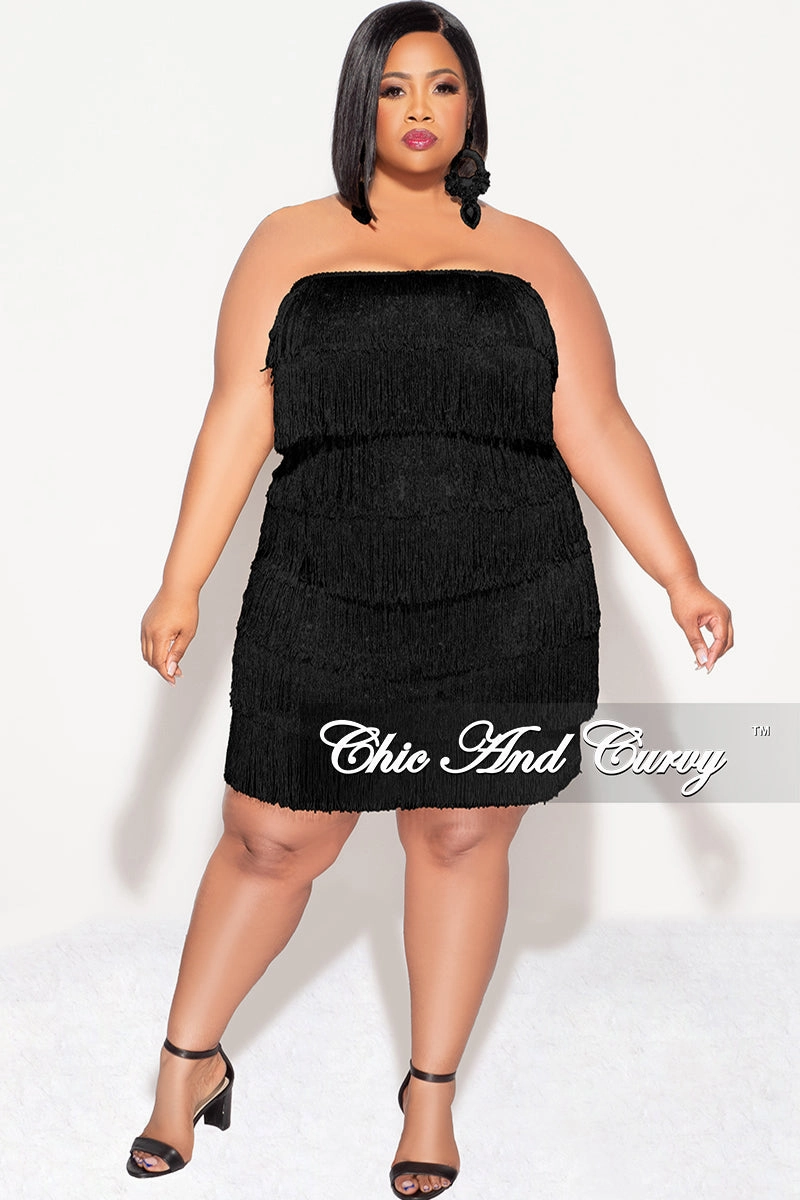 Sandwich Mesh Panel Structure Final Sale Plus Size Strapless Fringe Dress in Black