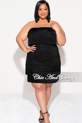 Final Sale Plus Size Strapless Fringe Dress in Black Slim Fit Design