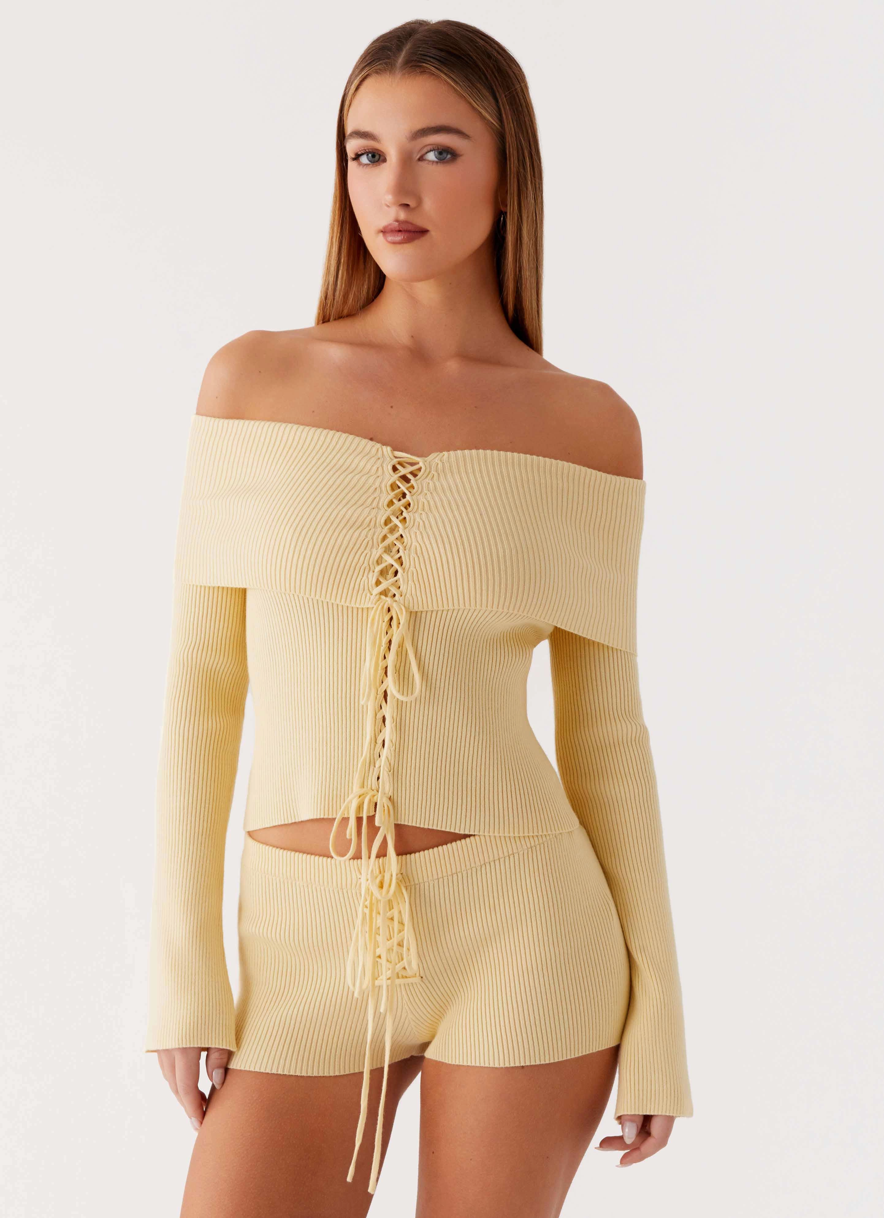 Muted Muse Knit Long Sleeve Top - Yellow Ribbed Collar Design Comfortable Cut
