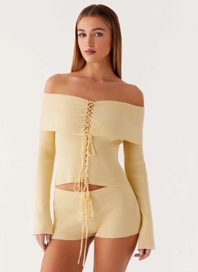 Muted Muse Knit Long Sleeve Top - Yellow Ribbed Collar Design Comfortable Cut