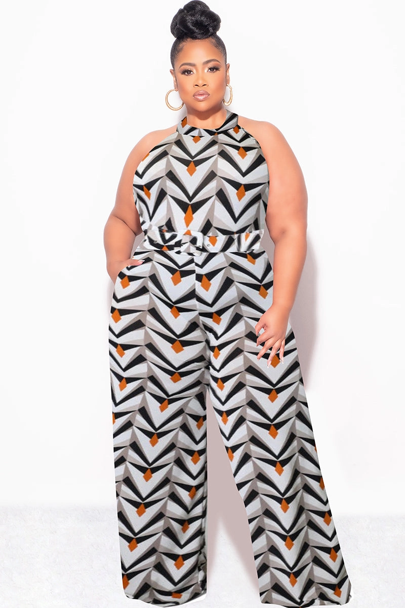 Final Sale Plus Size Halter Jumpsuit with Attached Belt in White Black Grey and Orange Design Print Water Repellent Coating