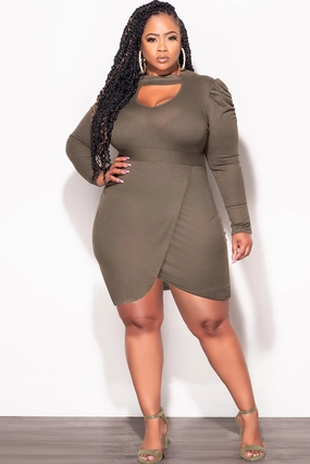 BreathableFabric Comfortable Fit Wear Final Sale Plus Size Long Sleeve Wrap BodyCon Dress with Bust Cutout in Olive (Dress only)