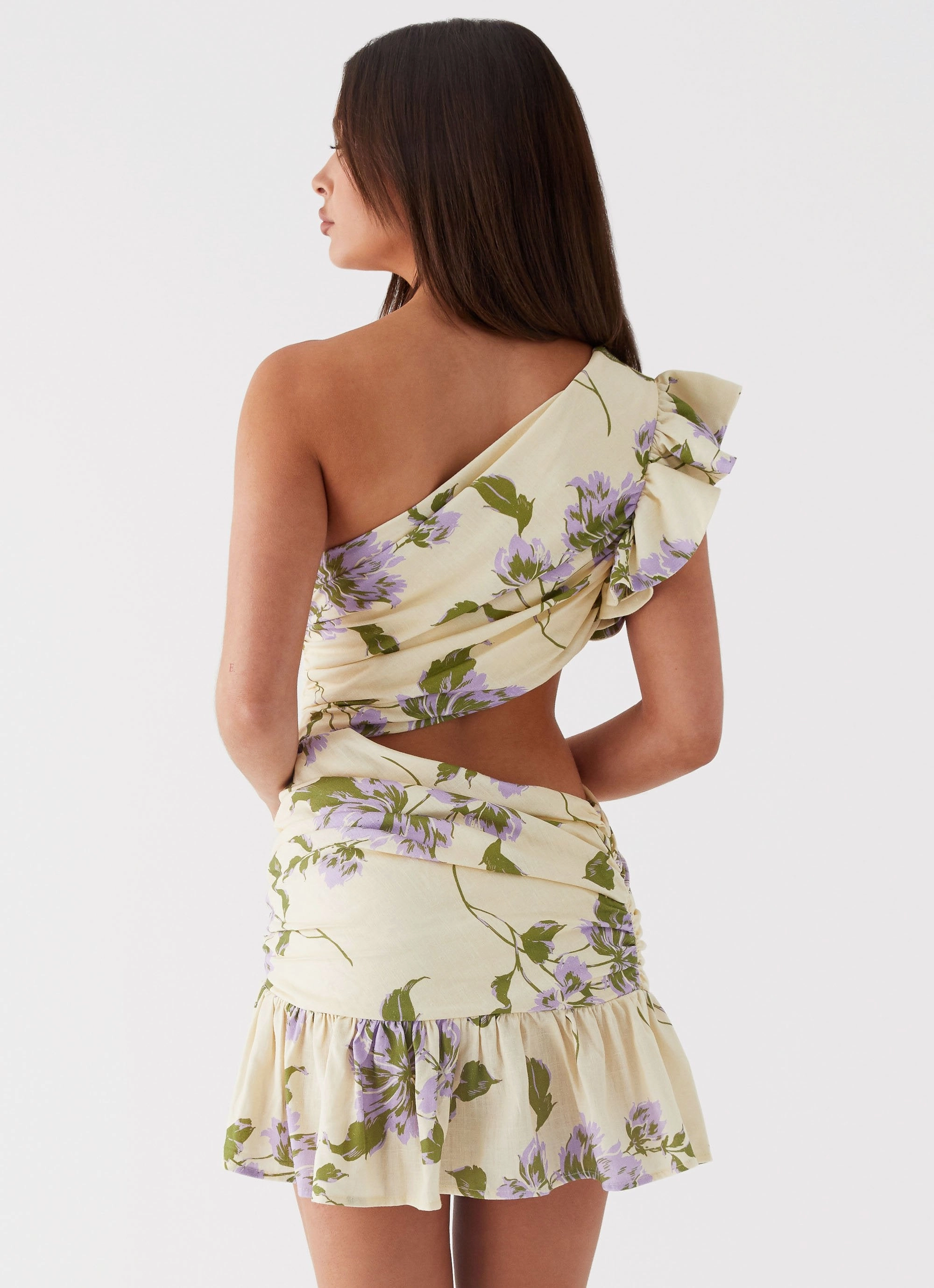 Floral Outro Linen Mini Dress - Yellow Purple Floral Skin-friendly