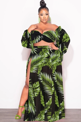 Final Sale Plus Size 3pc Playsuit Set in Navy with Olive Tropical Palm Print HighRiseWaistband