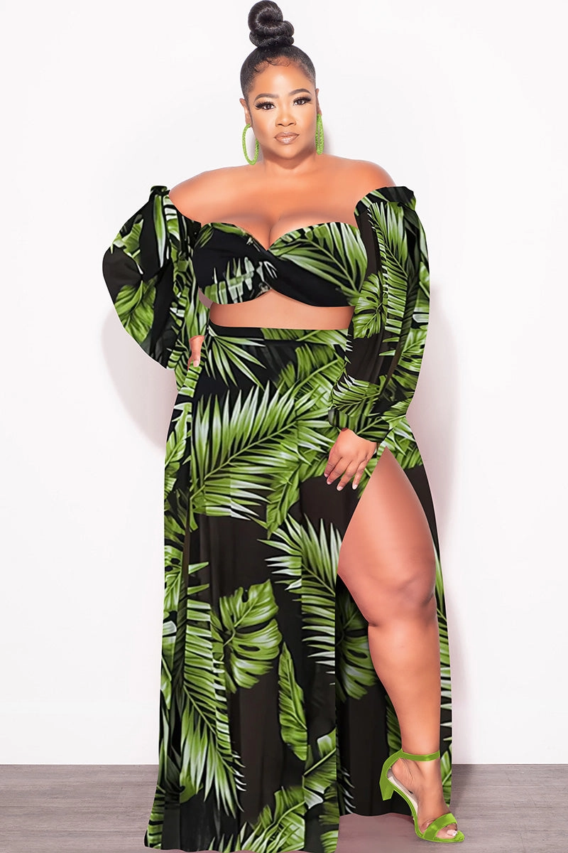 Tailored Wear Final Sale Plus Size 3pc Playsuit Set in Navy with Olive Tropical Palm Print